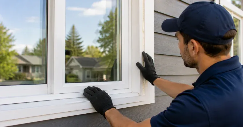 technician comparing full-frame and retrofit window replacement options in Georgetown
