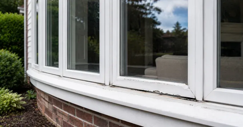 technician inspecting bow window frame and seal for damage in Georgetown