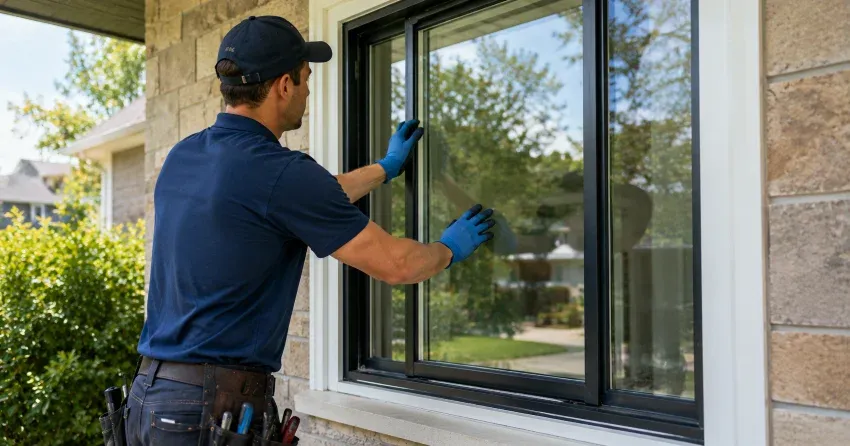 technician measuring a broken window pane for replacement in Georgetown Estates, Georgetown