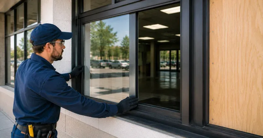 technician boarding a broken window after a break-in in Victoria Gardens, Georgetown