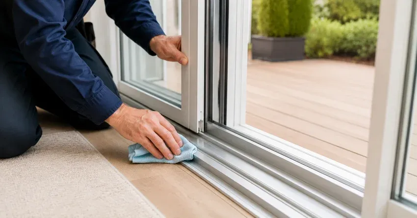 technician inspecting a sliding patio door track in Moore Park, Georgetown