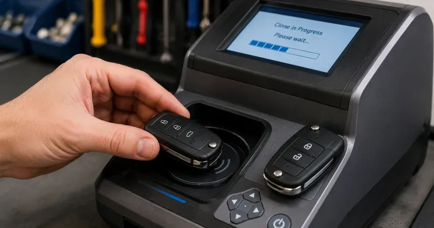 mobile locksmith performing car door key duplication Georgetown Estates, Georgetown on-site