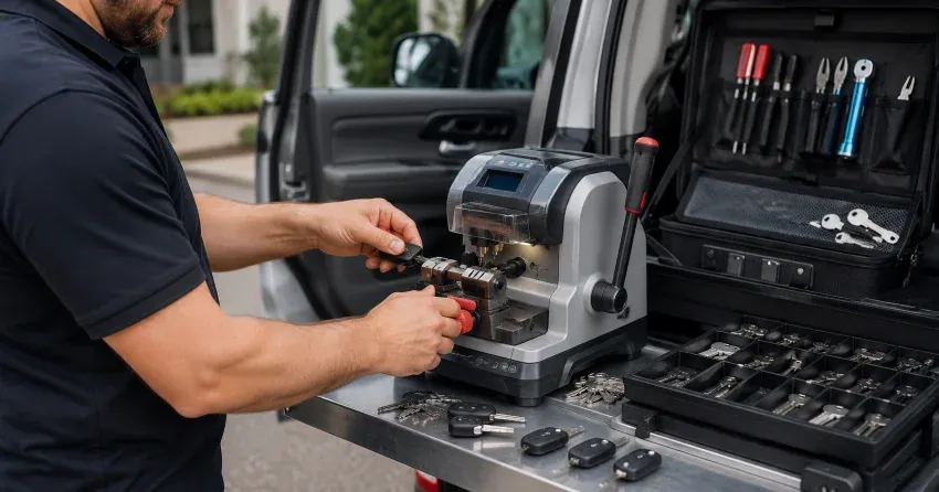 technician cutting a replacement car door lock key in Hornby, Georgetown
