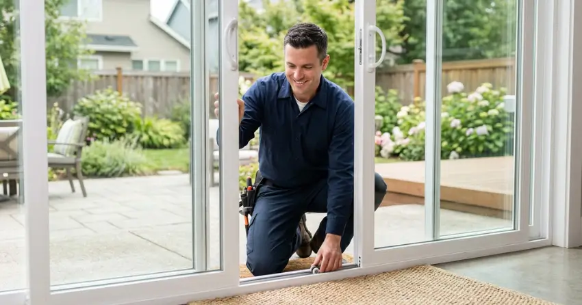 technician diagnosing a sticking patio door in Norval, Georgetown