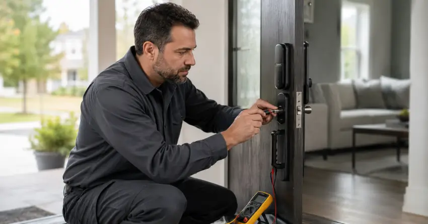 technician diagnosing automatic door lock mechanism on residential door in Georgetown