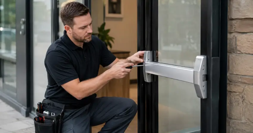 commercial locksmith repairing exit device on storefront door Georgetown