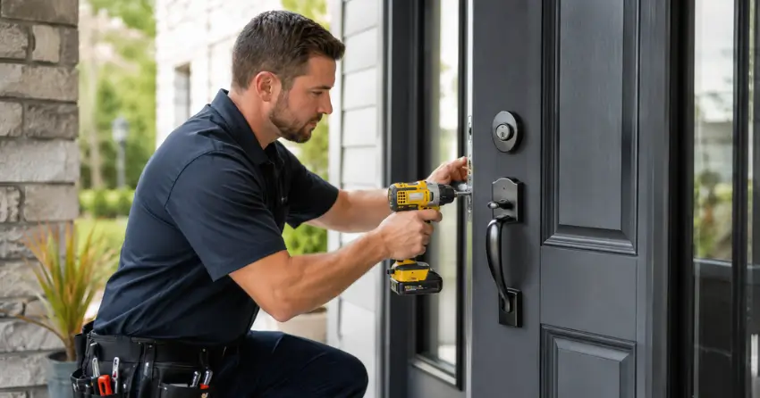 locksmith installing deadbolt lock on exterior door in Georgetown