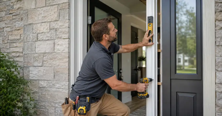 technician installing a new exterior door frame in Arbor Glen, Georgetown