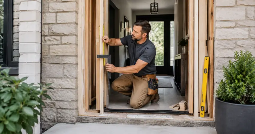 exterior door installer assessing rough opening in Georgetown