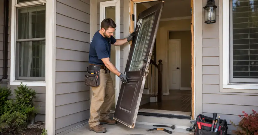 old exterior door being removed for replacement in Speyside, Georgetown