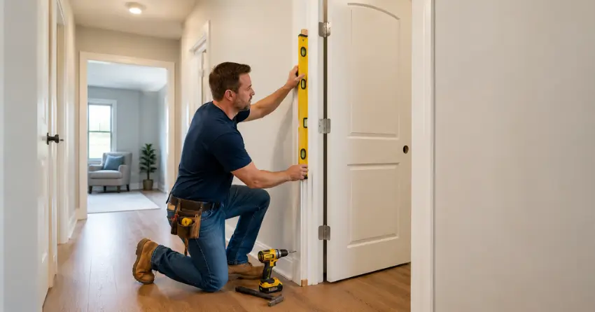 technician installing a pre-hung interior door in a home hallway Georgetown