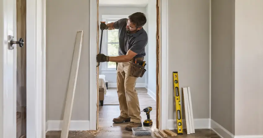 technician removing an old interior door frame during installation Georgetown