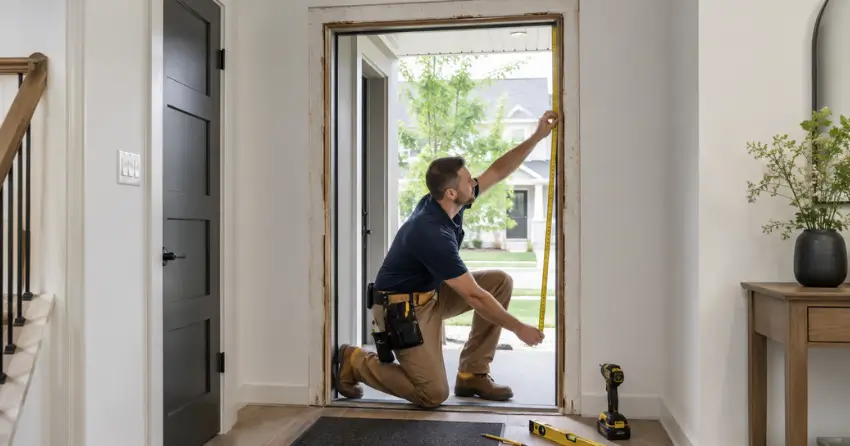 technician measuring a door frame before new door installation in Arbor Glen, Georgetown