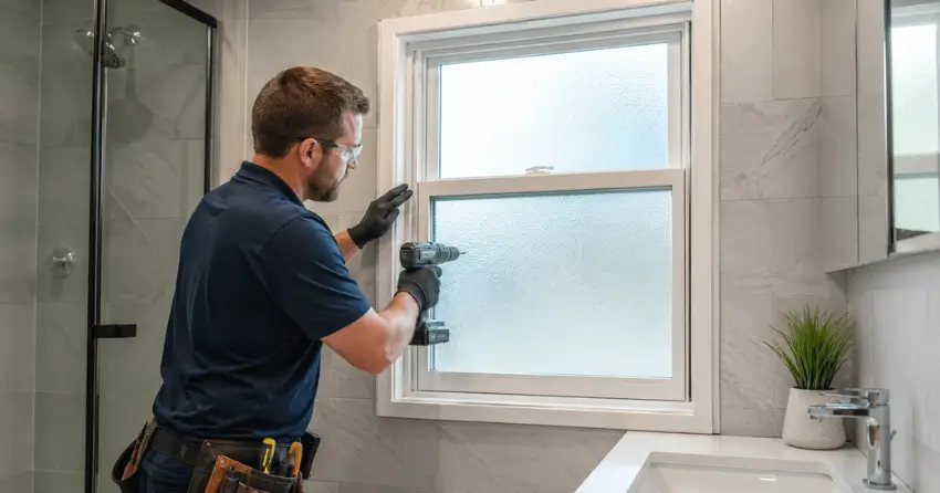 frosted glass installation bathroom window in Speyside, Georgetown