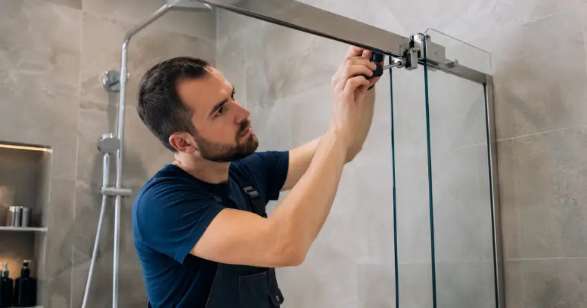 technician adjusting shower door hinge and track in Norval, Georgetown