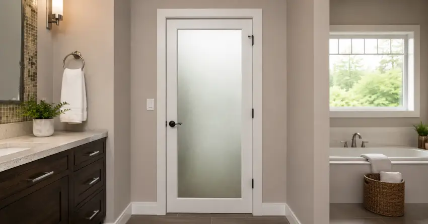 frosted glass panel bathroom door installed in a Meadowglen, Georgetown home