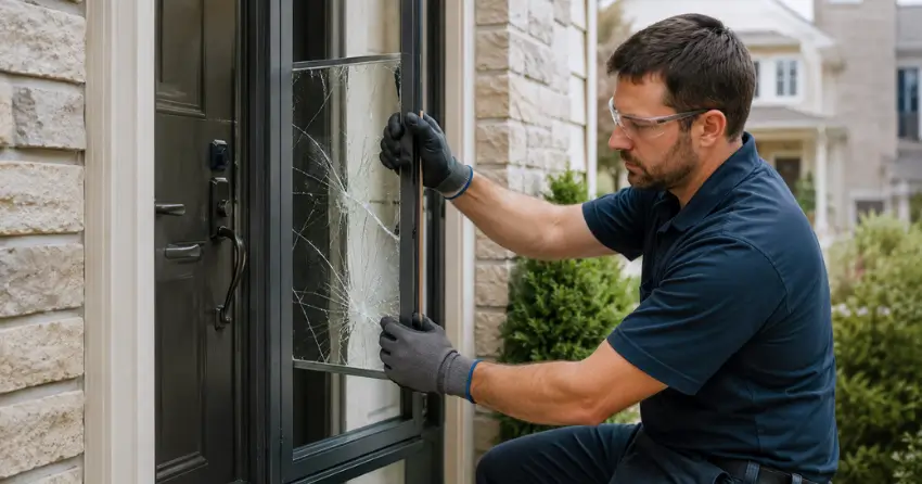 technician removing cracked storm door glass panel in Trafalgar Country, Georgetown