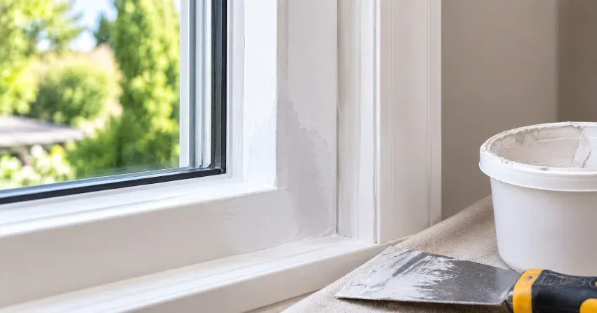 technician repairing rotted window frame corner in Moore Park, Georgetown