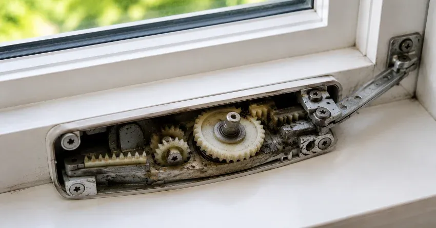 technician replacing casement window crank operator in Norval, Georgetown home