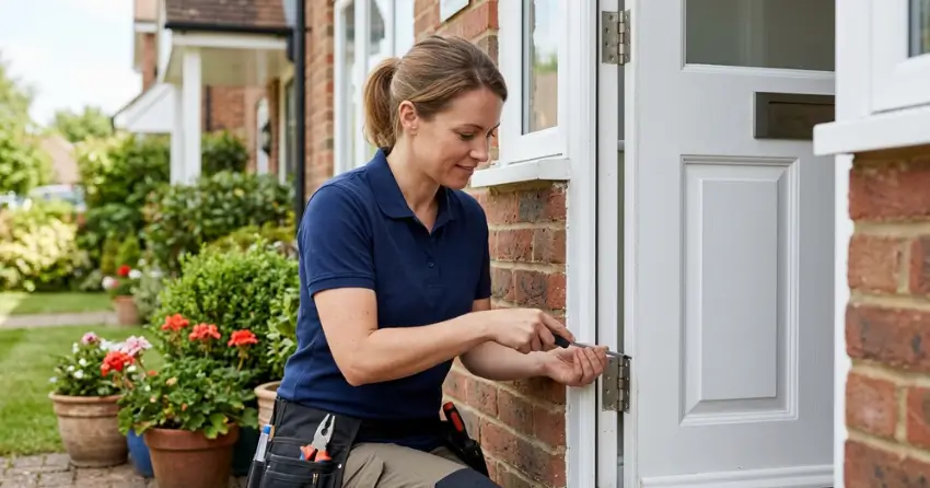 technician repairing exterior door hinge and frame in Georgetown