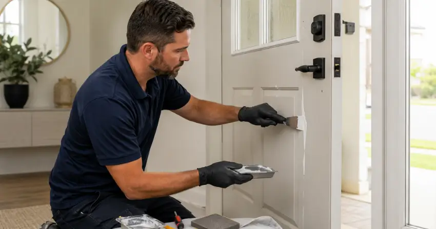 technician repairing fiberglass door surface crack in Norval, Georgetown