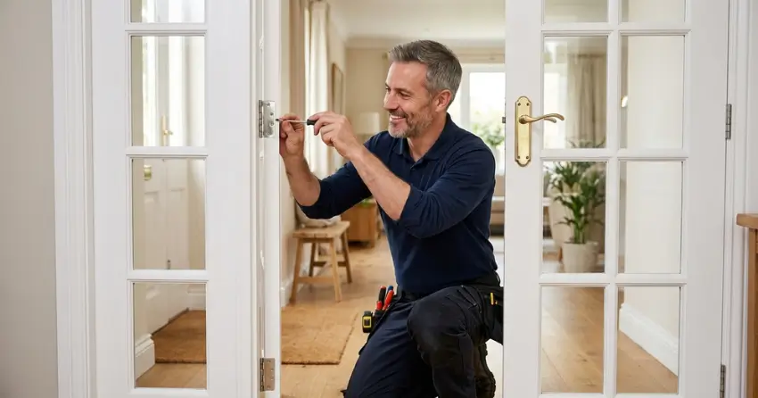 technician adjusting French door hinge for proper alignment in Norval, Georgetown