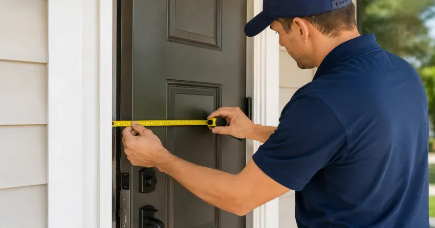 technician adjusting door hinge for alignment in Georgetown