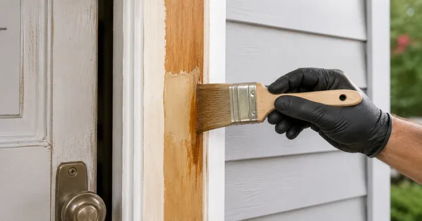 technician probing rotted wood on a door frame in Norval, Georgetown