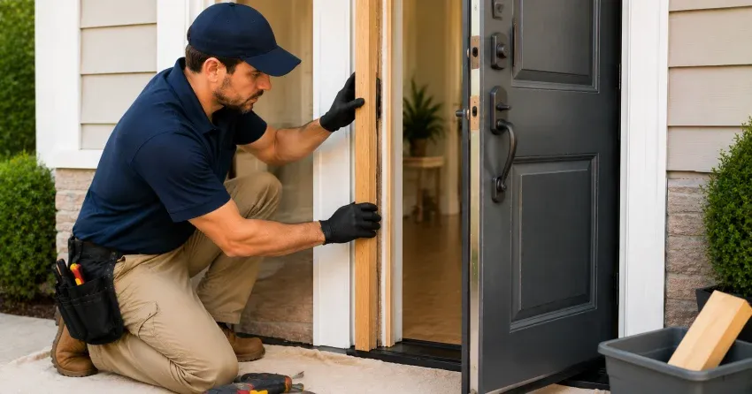 technician inspecting damaged door frame corner in Norval, Georgetown